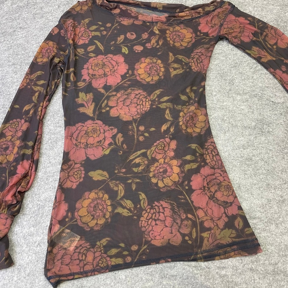 Free People Floral Mesh Ruched Off Shoulder Long Sleeve Tunic Top Medium - Picture 11 of 16